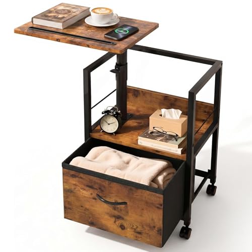 Faesun Swivel Lift Top Nightstand, Rolling Side Table for Recliner, Bedside Table with Wheels & a Fabric Drawer, for Small Spaces, for Bedroom, Living Room, Brown - color: 03 - Brown, size: 1 Drawer(No Charger)