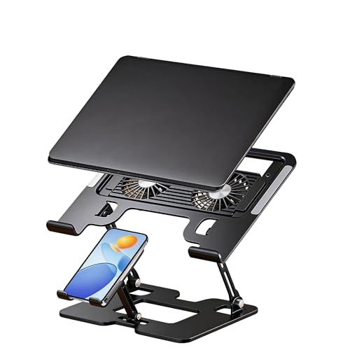 Ergonomic Foldable 2-in-1 Laptop Stand with Fans,Laptop Riser for Desk with Phone Holder,Computer Stand for Laptop,Sturdy and Portable Stand,Compatible with All Laptops and Phones Black - color: Black, size: 2-in-1 with Fans