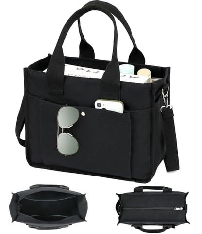 Fammart Large Canvas Tote Bag for Women with Zipper & Compartments, Crossbody Laptop Bags for Work College Travel - color: Black