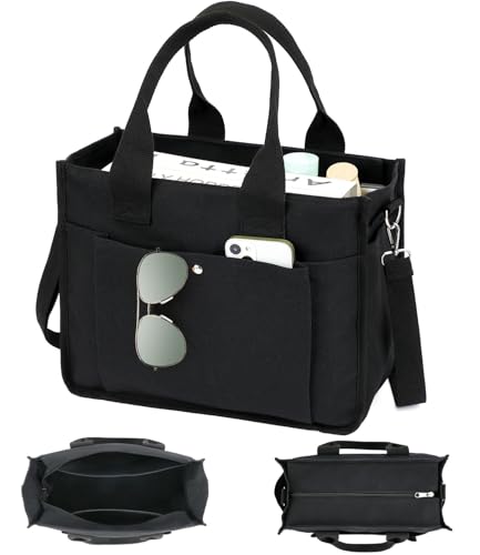 Fammart Large Canvas Tote Bag for Women with Zipper & Compartments, Crossbody Laptop Bags for Work College Travel - color: Black