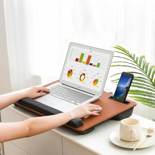 Lap Desk Home Office Lap Desk Portable Laptop Desk for Left Right - Handers with Whole Mouse Pad Wrist Pad Dual Cushion Phone Tablet Slots Fits Up to 17 Inch Laptops - color: Stone Brown