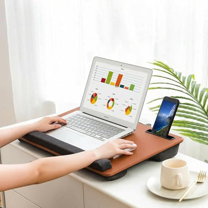 Lap Desk Home Office Lap Desk Portable Laptop Desk for Left Right - Handers with Whole Mouse Pad Wrist Pad Dual Cushion Phone Tablet Slots Fits Up to 17 Inch Laptops - color: Stone Brown