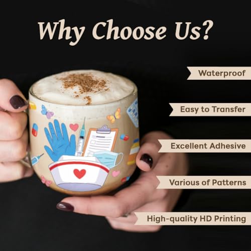 Peacoblue UV DTF Cup Wraps Transfer Stickers Nurses' Day Medical Theme Pattern, 10 Sheets Waterproof Custom Vinyl Transfer Sticker 16oz Coffee Glass Cup Tumbler Bottle Mug Decals for Men Women - style: Nurses' Day Medical Theme