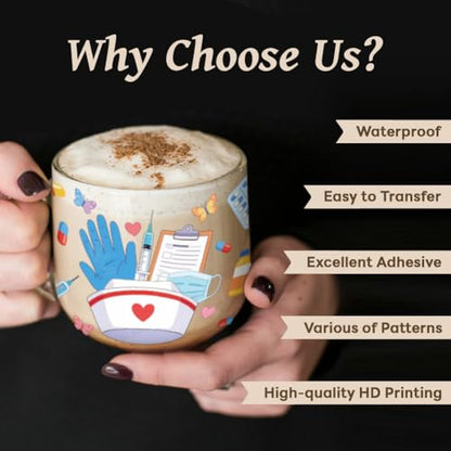 Peacoblue UV DTF Cup Wraps Transfer Stickers Nurses' Day Medical Theme Pattern, 10 Sheets Waterproof Custom Vinyl Transfer Sticker 16oz Coffee Glass Cup Tumbler Bottle Mug Decals for Men Women - style: Nurses' Day Medical Theme