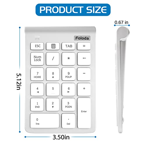Foloda Wireless Number Pad, 10 Keys USB Keypad for Laptop, 22 Keys Extensions Numeric Numpad Computer Laptop Accessories for PC Desktop Surface Pro Notebook - color: White