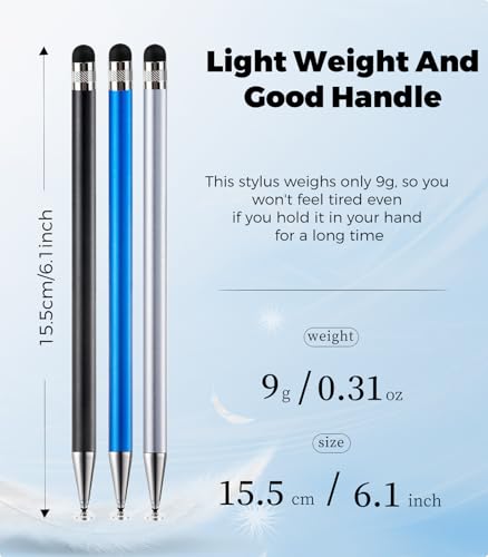 Kenkor Stylus(3pcs),2-in-1 Stylus Pen for Touch Screen, Stylus Pen for iPad | No Charging,Compatible with Apple(iPhone/iPad)/Nintendo Switch/Samsung/Google/Microsoft/Android Tablets Touch Screens Devices - color: Black+Blue+Silver