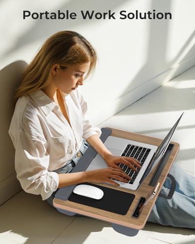 Potuopy Lap Desk with Cushion for Adults,Fits 17in LaptopWoodgrain,Large | Lightweight laptop lap pad w/ Wrist Rest, Carry Handle Mouse Pad Slots for Students Adults, Couch Armchair Floor Work Study