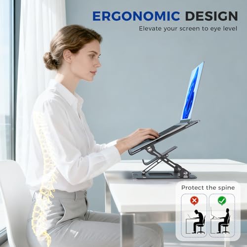 Ergonomic 2-in-1 Laptop Phone Stand for Desk, Adjustable Riser, Sturdy and Portable, Fits All Laptops and Phone（Black） - color: Black