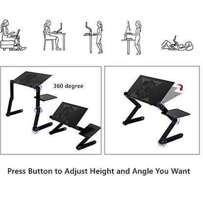 Ergonomics Folding Laptop Table, 360-Degree Adjustable Laptop Stand with Cooling Fan & Mouse Pad, Portable Aluminum Bed Tray Computer Desk Workstation for Sofa, Couch, Home, Office (Black)