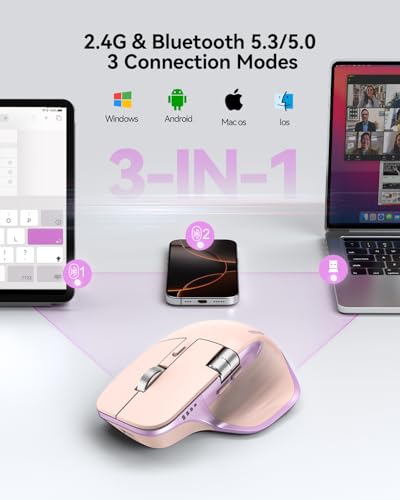 TECKNET Wireless Mouse, Bluetooth Mouse (BT5.3/5.0 & 2.4G) Rechargeable Ergonomic Optical Mouse with 6 Adjustable DPI, Side Scroll, Quiet Clicks, USB A Receiver, 7 Buttons, Wide Compatibility - color: Pink & Purple