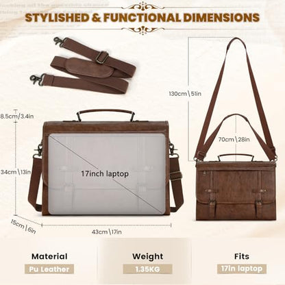 RAINSMORE Mens Messenger Bag 17 Inch Waterproof Vintage Leather Laptop Briefcase Large Computer Laptop Bag Satchel Bag Retro Shoulder Bag,Brown