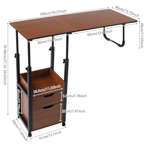 Overbed Table with Wheels, Movable Bedside Table Height Adjustable Over Bed Desk Foldable Rolling Laptop Desk with Drawers for Home & Hospital Use (Black+ Oak Color) - color: Black+ Oak Color