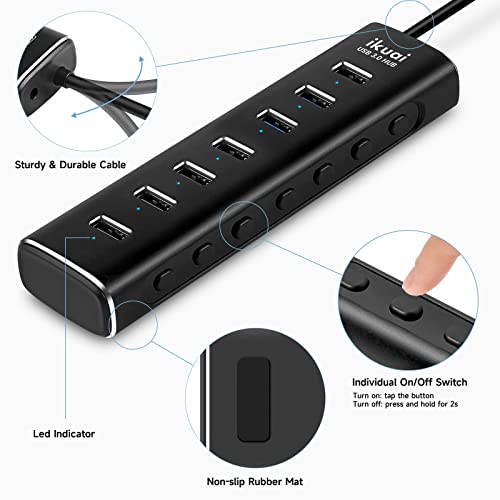 7-Port Powered USB 3.0 Hub with 2-in-1 Connector to Host | Aluminum USB Hub Splitter with AC Adapter LED On/Off Switches and 3.3ft Long Cable for Laptop, Mac, PC, Mobile HDD - size: 7-Port USB 3.0 Hub