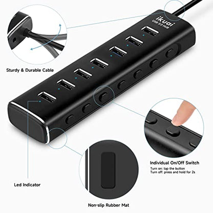 7-Port Powered USB 3.0 Hub with 2-in-1 Connector to Host | Aluminum USB Hub Splitter with AC Adapter LED On/Off Switches and 3.3ft Long Cable for Laptop, Mac, PC, Mobile HDD - size: 7-Port USB 3.0 Hub