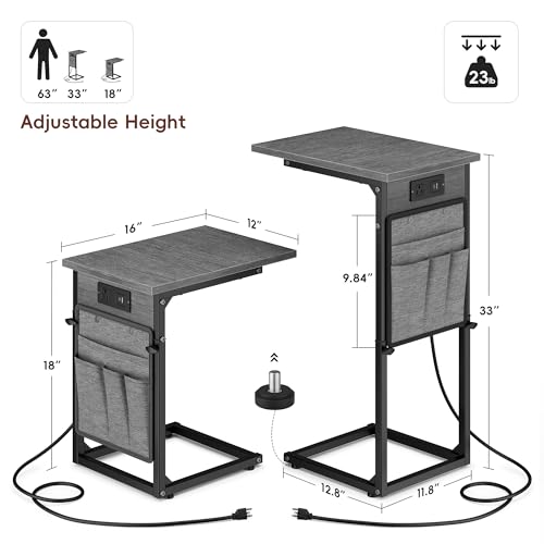 Vagusicc C-Shaped End Tables Set of 2 with Charging Station, 33'' Tall C Table Adjustable Height Side Table for Couch, Small Couch Table that Slide Under Sofa, TV Trays for Living Room, Gray Walnut - color: 2pc Gray Walnut, style: With Plug