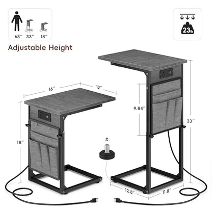 Vagusicc C-Shaped End Tables Set of 2 with Charging Station, 33'' Tall C Table Adjustable Height Side Table for Couch, Small Couch Table that Slide Under Sofa, TV Trays for Living Room, Gray Walnut - color: 2pc Gray Walnut, style: With Plug