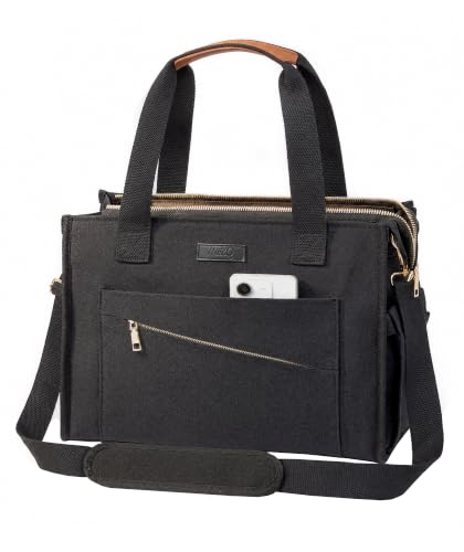 MeZQ Canvas Tote Bag for Women,14-Pockets Work Laptop Tote Large Office Crossbody | Teacher Nurse College with Strap & Zipper - color: Black