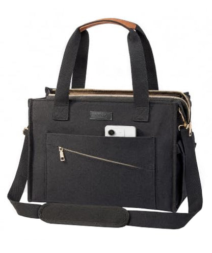 MeZQ Canvas Tote Bag for Women,14-Pockets Work Laptop Tote Large Office Crossbody | Teacher Nurse College with Strap & Zipper - color: Black