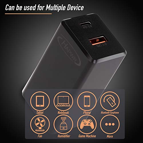 GaN Tech 65W Dual Port PD Wall Charger with 5ft USB C Cable for MacBook, Laptops, iPad Pro, iPhone12, Galaxy, Pixel and More (Black) - color: Black
