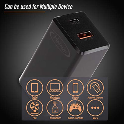 GaN Tech 65W Dual Port PD Wall Charger with 5ft USB C Cable for MacBook, Laptops, iPad Pro, iPhone12, Galaxy, Pixel and More (Black) - color: Black