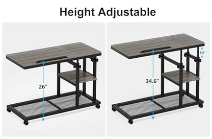 Tribesigns Height Adjustable C Table with Wheels, Mobile Couch Snack Side Table with Tiltable Drawing Board, Sofa Bedside Laptop Stand C Shaped TV Tray with Storage Shelves (Grey) - color: Grey+black