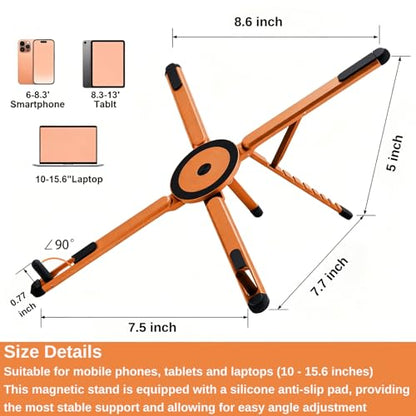 4-in-1 Foldable Laptop Stand with N52 MagSafe Magnetic Phone Holder, Silver Aerospace Aluminum Portable Desk Tripod Mount, Compatible with MacBook Pro iPad for Travel Vlogging - color: Orange