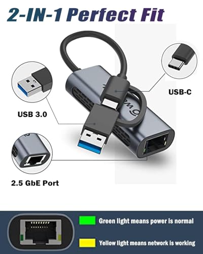 Wavlink USB C to Ethernet Adapter 2.5 Gbps, 2-in-1 USB to 2.5G Ethernet Adapter, USB-C to RJ45 Network Converter (Thunderbolt 4/3 Compatible), Aluminum Case for Windows, Mac OS, iPad OS and More. - color: NWU330GCA