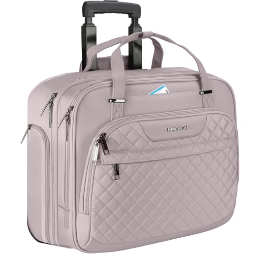 EMPSIGN Rolling Laptop Bag Women with Wheels, Briefcase for Women Fits Up to 15.6 Inch Laptop Briefcase on Wheels, Water-Repellent Overnight Rolling Computer Bag with RFID Pockets, Grey Pink - color: Quilted Grey Pink