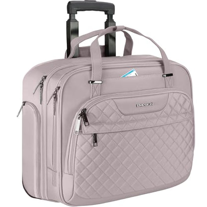 EMPSIGN Rolling Laptop Bag Women with Wheels, Briefcase for Women Fits Up to 15.6 Inch Laptop Briefcase on Wheels, Water-Repellent Overnight Rolling Computer Bag with RFID Pockets, Grey Pink - color: Quilted Grey Pink