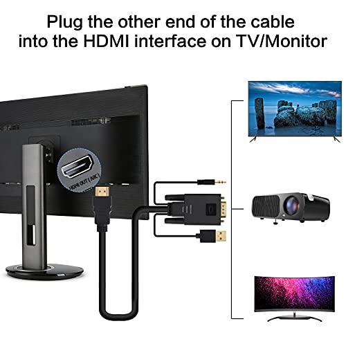 VCOM VGA to HDMI Cable 6Ft, VGA to HDMI Adapter with USB Power and Audio, 1080P@60Hz PC VGA Source Output to TV/Monitor with HDMI Connector, Male to Male for Computer Desktop Laptop Monitor Projector
