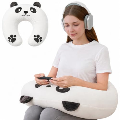 Lap Pillow, Cute Panda Crochet Pillow for Knitting, Crafting, Gaming, Reading and Phone Use on Bed, Sofa or Chair, U-Shaped Wrap Around Arm Support Cushion and Neck Pillow - color: Black & White Panda