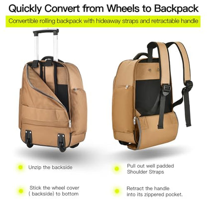 Heliar Rolling Backpack with Wheels | Wheeled Roller Backpack for Business & Travel, Adjustable 13-18 Inch Laptop Backpack with Laptop Compartment & Carry-On Design - color: Brown