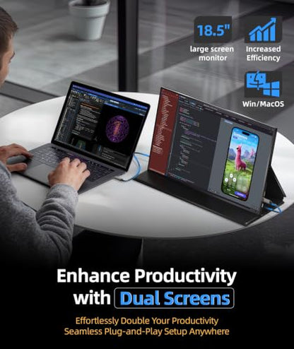Ingnok 18.5Inch Portable Monitor, 100% sRGB USB C Second Screen FHD | USB-C Mini HDMI Large second screen for Laptop,mini PC,PS5/Switch, smart cover stand,built-in speakers,VESA-ready - size: 18.5 inches