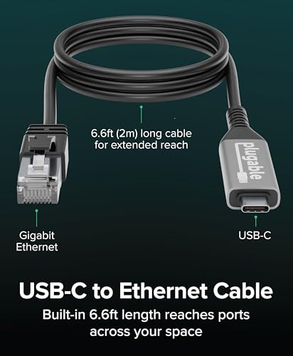 Plugable USB C to Ethernet Cable: USBC to RJ45 Ethernet Cord, Directly Connected LAN Gigabit Network Adapter for MacBook Pro, iPad Pro, iPhone 15/16, Laptop, USB4/Thunderbolt Compatible, 2m 6.6ft