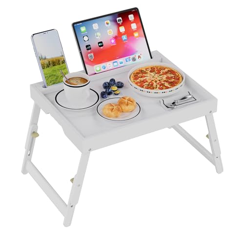 Artmeer Adjustable Bamboo Bed Tray Table with Device Slot, Large, White | Adjustable FSC-certified bamboo bed tray with device slot, folding legs and handles for meals, laptops and reading in bed. - color: White, size: Large Adjustable