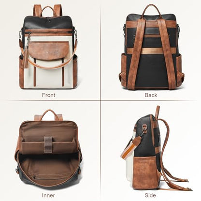 Laptop Backpack for Women 15.6 inch,Travel Leather Backpack Purse Nurse Teacher Carry on Backpack Computer Bag,Professional Water-Resistant College Business Work Casual Daypack,Two-tone Maroon - color: Black With Brown and White