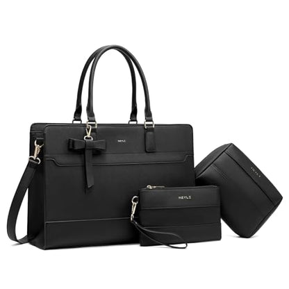 Keyli 3pcs Laptop Bag for Women 15.6 Inch Leather Work Tote Bags Professional Business Office Computer Shoulder Briefcase - color: 3pcs-black
