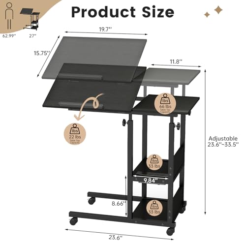 Hadulcet Adjustable C Table with Charging Station, Tiltable Desk C Shaped End Table for Couch, Over Bed Stand with Wheels Adjustable Height, Hospital Table Laptop Stand Drawing Desk, Black - color: Black, style: Upgrade