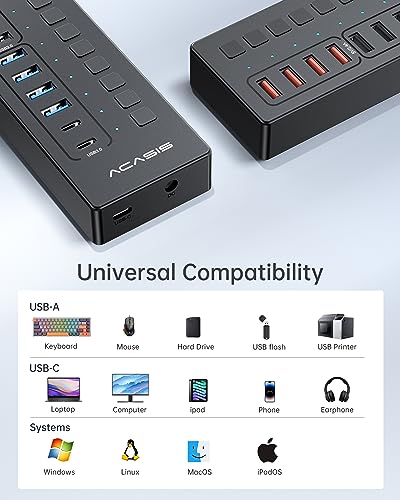 Powered USB 3.0 Hub, ACASIS 16 Port USB Hub Powered(Include 2*USB C 3.0+4 Smart Charging Port) with 60W Power Adapter, Support Wall Mount, USB Hub for PC Laptop, Mac, Printer, Camera