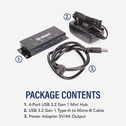 USBGear Compact 4-Port USB Hub, USB 3.2 Gen 1 Data High-Power Hub w/Power Adapter, Port Status LEDs, 5 Gbps Data, Surface Mountable
