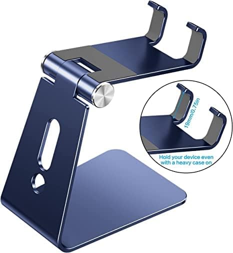 OMOTON C2 Adjustable Cell Phone Stand with Charging Cutout, Navy Blue | Sturdy 3mm Aluminum, Charging Port, 270° Adjustable, Non-Slip Silicone Pads, Works with Thick Cases, for All Smartphones - color: Navy Blue