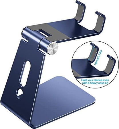 OMOTON C2 Adjustable Cell Phone Stand with Charging Cutout, Navy Blue | Sturdy 3mm Aluminum, Charging Port, 270° Adjustable, Non-Slip Silicone Pads, Works with Thick Cases, for All Smartphones - color: Navy Blue
