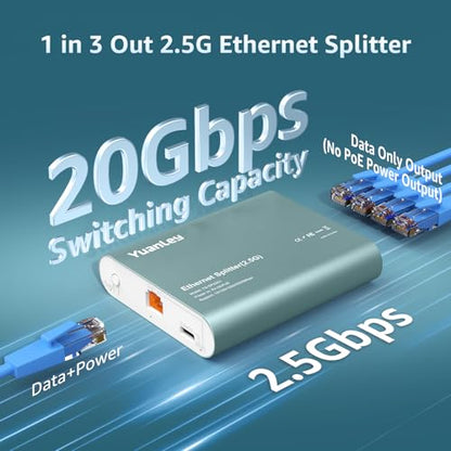 1 to 3 Port 2.5G Ethernet Splitter Switch with PoE Input, 4 Port 2.5G High Speed Splitter with Aluminum Case, VLAN Isolation, USB-C/PoE Powered Network Port Expander for Router, PC, IP Camera