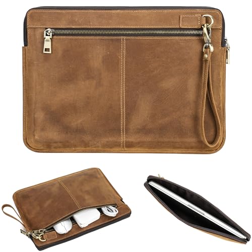 Top Grain Leather 14.2" Slim Laptop Sleeve Case Bag, Vintage Design with 2 Zip Pockets, Handmade, Compatible with MacBook Pro 14" 2021 2022 M1 Pro/M1 Max A2442 & Other PC, Brown 14.2 Inch - color: 【Bag】Horizontal Zip & 2 Pockets - Brown, size: 14.2" - Fit
