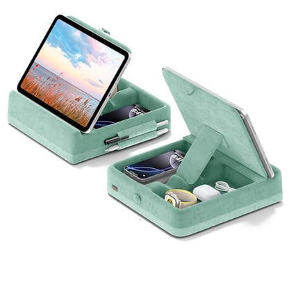 KDD Tablet Pillow Stand with Storage, Foldable iPad Holder for Bed, Lap and Desk, Angle Adjustable Soft Pad Dock with Stylus Mount Compatible with iPad Pro 12.9, 11, Air, Mini, Phones, Books (Green) - color: Green