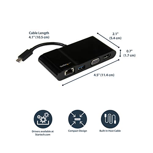 StarTech.com USB-C Multiport Adapter - USB-C Travel Dock with 4K HDMI or 1080p VGA, Gigabit Ethernet, 5Gbps USB-A 3.0 - Discontinued, Limited Stock, & Replaced by DKT31CHVL (DKT30CHV) - style: 1x USB-A 3.0 | HDMI, VGA