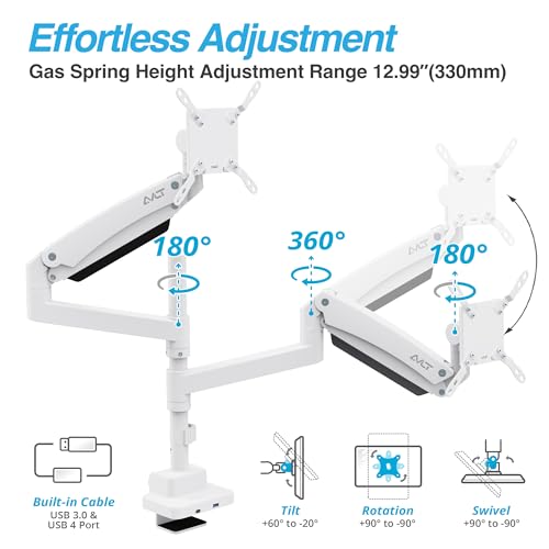 AVLT Dual Monitor Arm 57" Pole Top Mount with USB-C & A – White | Heavy-duty Stacking arm; Height Adjustable; Top C-clamp/Grommet w/ Reinforcement Plates; VESA 200/100/75mm. - color: White