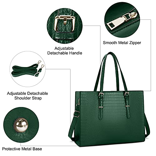Laptop Bag for Women 15.6 Inch Crocodile Leather Tote Bag Water-resistant Work Briefcase Business Computer Shoulder Bag for Travel Teacher Nurse Professional Handbag - color: Green