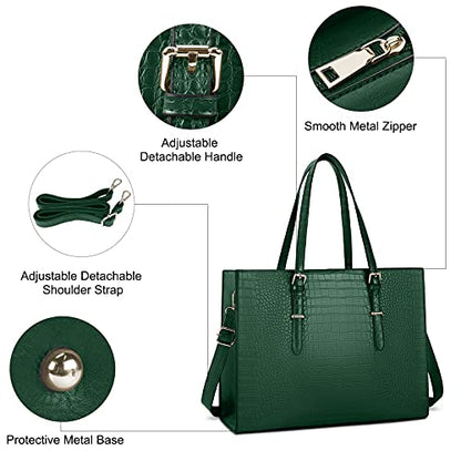 Laptop Bag for Women 15.6 Inch Crocodile Leather Tote Bag Water-resistant Work Briefcase Business Computer Shoulder Bag for Travel Teacher Nurse Professional Handbag - color: Green