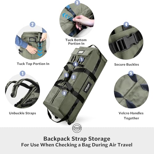 45/80/100L Rolling Duffel Bag with Wheels, X-Large Durable Travel Duffle + Toiletry Bag, Heavy Duty, Packable with Shoulder Straps- Use as Luggage or Backpack, Men/Women (Green) - color: Green